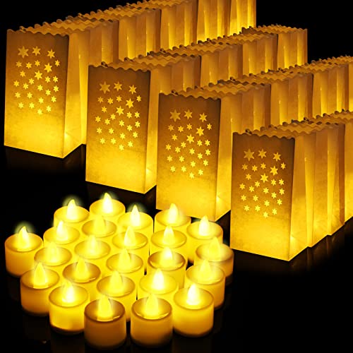 50 Set Luminary Paper Bags With Flameless Tea Lights, Christmas Led Tea Light Flameless Candle With Luminaries Candle Bag For Birthday Wedding Halloween Christmas Thanksgiving Party Decor (Star) #TOP10