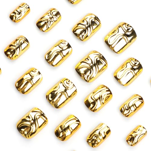 Image of Gold Nail Press ons Short Square Fake Nails 3D Line Glue on Nails with Design Glossy Full Cover False Nail Reusable Artificial Acrylic Stick on Nail for Women Girls Manicure 24Pcs