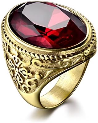 MASOP Classic Big Crystal Cocktail Rings for Men Anti-allergy Stainless Steel Red Ruby Color CZ Zircon