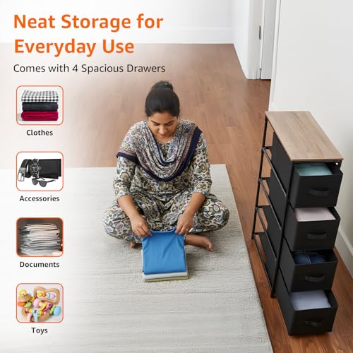 Image of Amazon Basics Slim Fabric Chest of 4 Drawers, Iron Frame & MDF Top - Compact Storage Dresser for Clothes, Bedroom, Closet & Small Spaces - Black (30L x 47W x 90H CM)