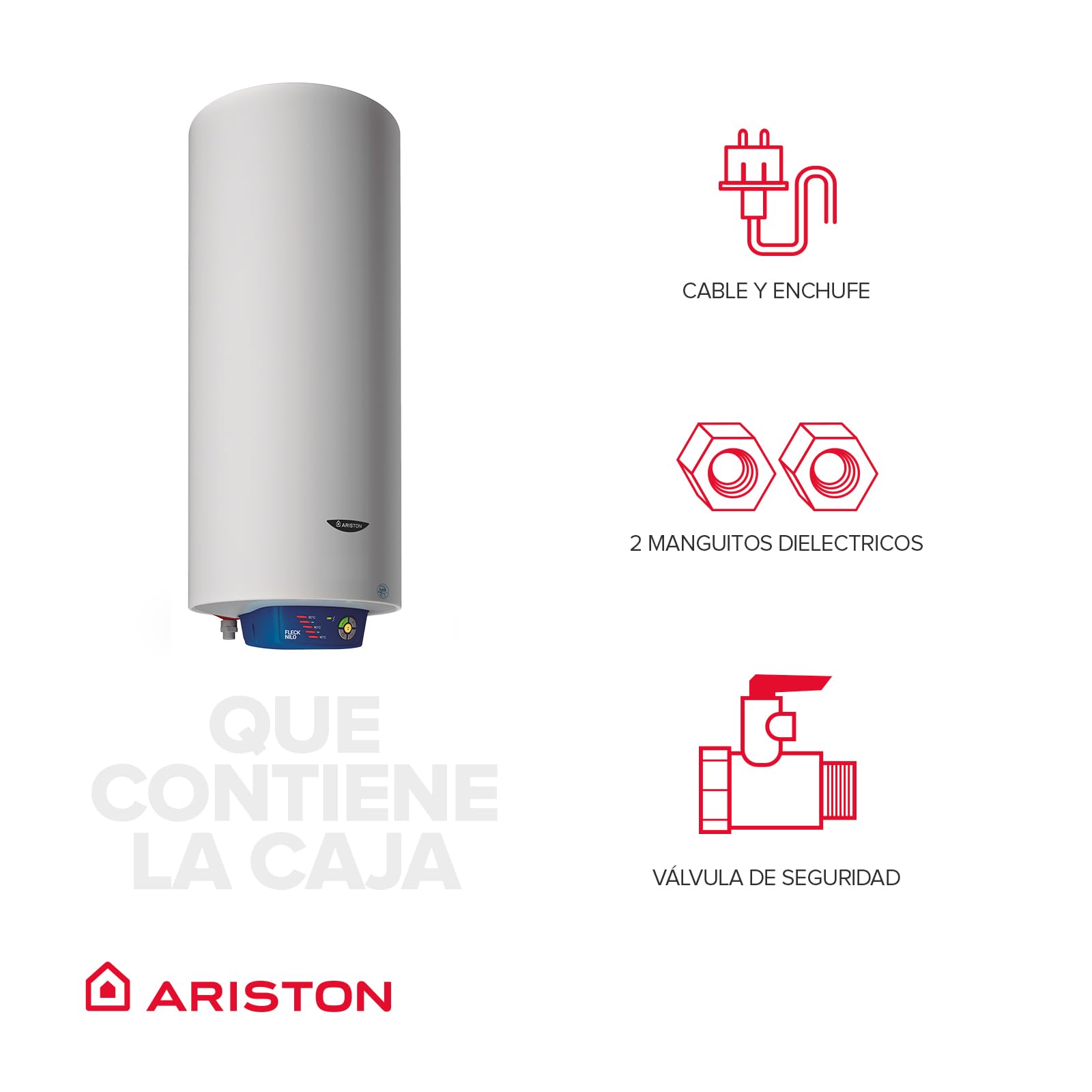 Ariston, Fleck Nilo - Termo Eléctrico 75 Litros, Calentador de Agua Eléctrico Horizontal y Vertical Eficiente, Calentadores 41.3x43x95 Fabricado para Instalación en España - Eficiencia B, Rango (A+/F)