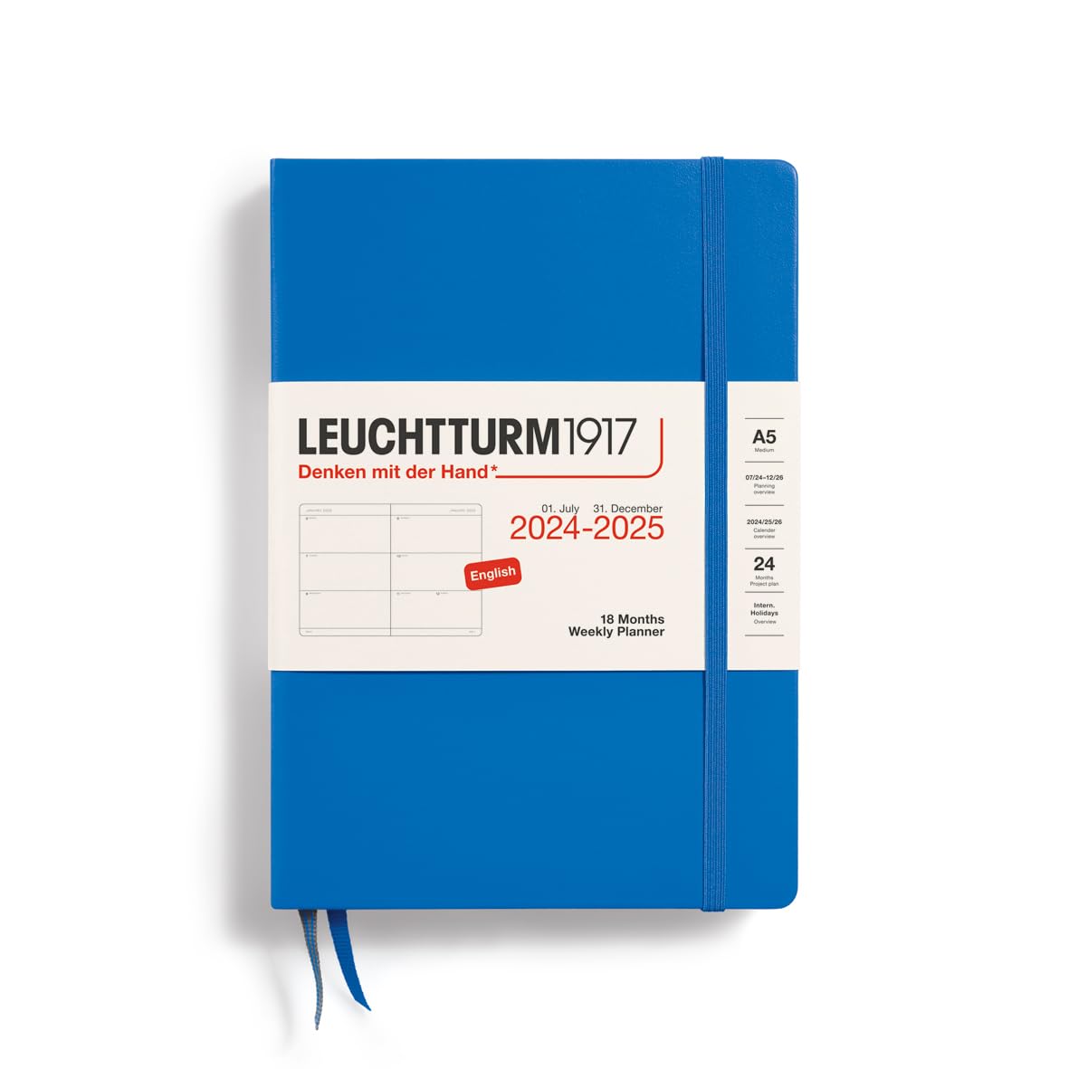 LEUCHTTURM1917 370723 Weekly Planner 2025, Medium A5 Hardcover - 18 Month Planner, Lined - Sky, English