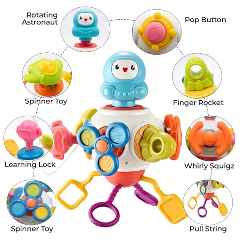 Image of Cable World Montessori 8-in-1 Baby Activity Cube Toy for Kids| Sensory Learning & Motor Skill Development Toy | Spinner, Pull String & Rotating Astronaut | Hanging Travel Toy for Babies & Toddlers