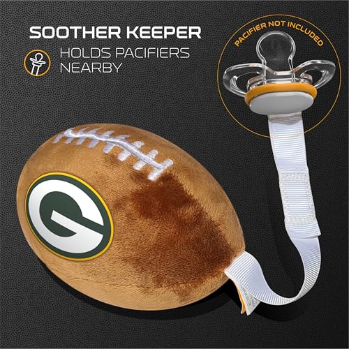 Image of Green Bay Packers Plush Football Pacifier Holder by Smilo - Officially Licensed NFL Soother Holder - Soft Plush Toy and Dummy Holder - Fits Any Pacifier - Stroller Accessory & Newborn Essential