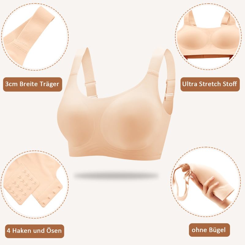 Jiuday Jelly BH Damen ohne Bügel Große Brüste Starker Halt Komfort Vollschalen Bustier T Shirt Soft Push Up Bra Gepolstert Nahtloser Bralette mit Extender