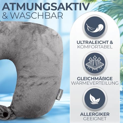 Heimwert Reisekissen - 2in1 Nackenkissen Stützkissen,Nackenhörnchen, 37x27 cm - Travel Pillow für Flugzeug, Camping, Reise - Ergonomisches Kopfkissen mit Microperlen (Grau)
