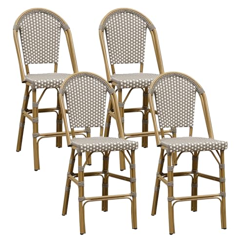 Image of PURPLE LEAF French Counter Height Bar Stool Set of 4 25 inch Bamboo Print Finish Patio Bar Chairs with Back Rattan Bar Chairs French Bistro Set for Kitchen Outdoor Counter Stool Grey