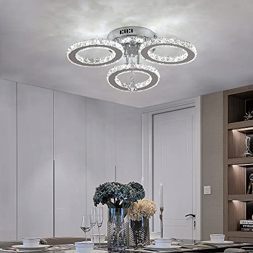 Deckrico Modern Crystal Chandelier Flush Mount Stainless Steel Pendant Ceiling Lamp 3-Rings Round Led Light Fixtures For Living Room Bedroom Restaurant Porch Dining Room (Dimmable) #TOP6
