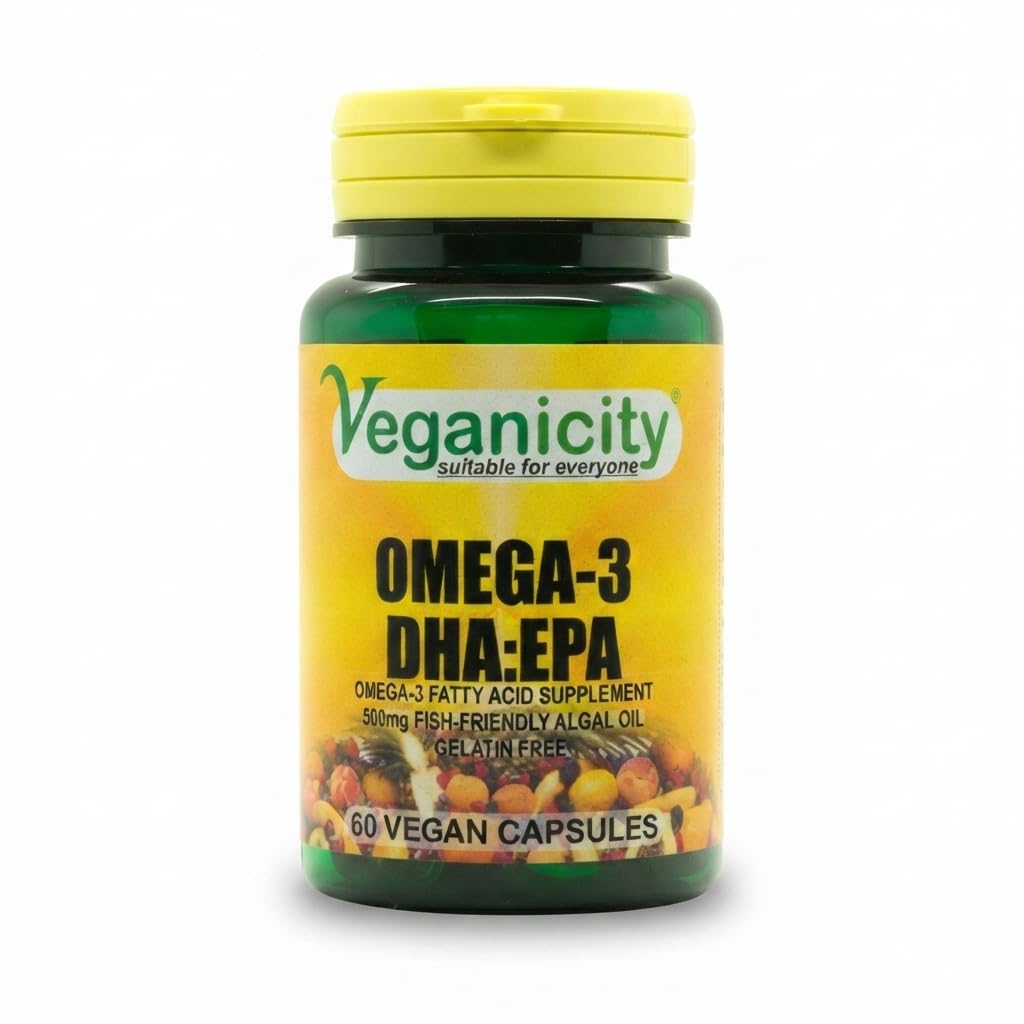 Veganicity Omega-3 DHA:EPA 500mg : Algal Oil Omega-3 Fatty Acid : 60 Vcaps, in a Planet-Friendly 99% Recycled Pot