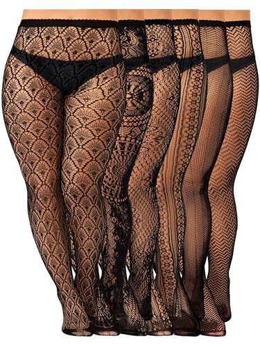 Jadive 6 Pairs Women Plus Size Fishnet Thigh High Stockings Suspender Garter Belt Lingerie Pantyhose Tights for Women