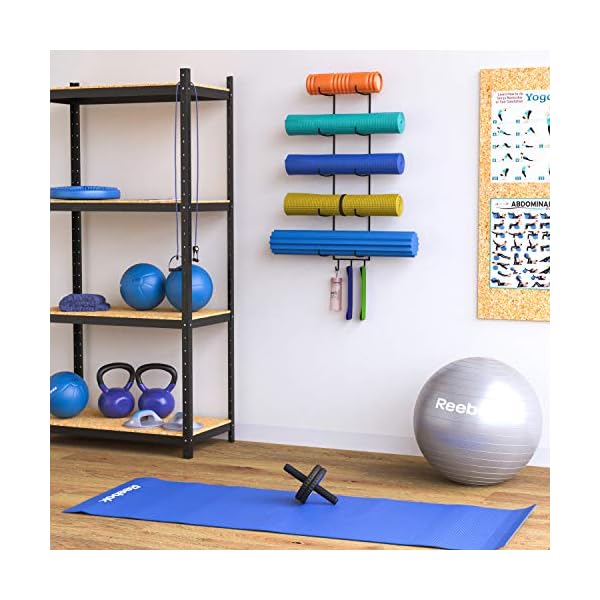 Wallniture Guru Foam Roller & Yoga Mat Holder Wall Mount with 3 Hooks for Hanging Yoga Strap, Resistance Bands, 5-Sectional Metal (Black)
