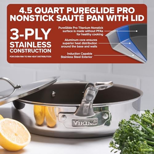 Viking PureGlide Pro 3-Ply Nonstick Sauté Pan with Lid, Made without PFAS, 4.5-Quart Induction Deep Frying Pan with Helper Handle, Metal Utensil Safe Titanium Nonstick Surface, Oven Safe to 600F - Thumbnail 2