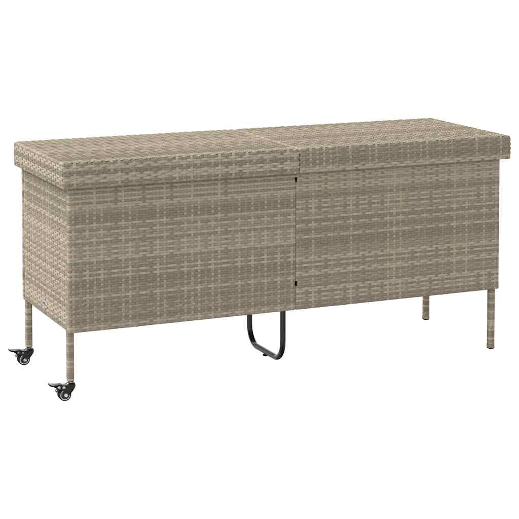 Caja de almacenamiento de resina trenzada gris claro con ruedas y frenos, caja de almacenamiento para cojines exteriores, marco de acero recubierto de polvo, tapa de resorte de gas, bolsa