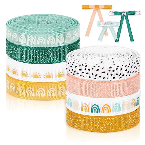 Image of Whaline 8 Rolls Boho Ribbon 40 Yards 0.4 Inch Grosgrain Ribbon Colorful Boho Sun Fabric Craft Ribbons for Back to School Wreath Bow Making Gift Wrapping Decor DIY Crafts