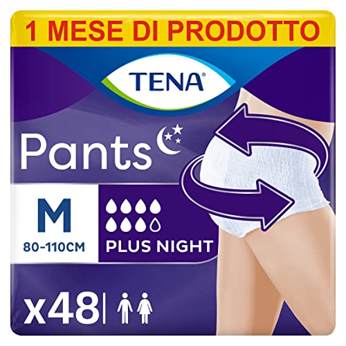 Tena Pants Plus Night Talla Media (M), Paquete de repuesto mensual - Braguitas absorbentes, elásticas y desechables para perdite humanas, unisex, discrete y confortables, 4 paquetes x 12 unidades