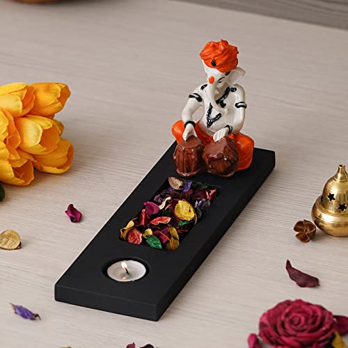 Image of eCraftIndia Orange White Resin Lord Ganesha Idol Playing Tabla Showpiece Potpourri Rectangle Tea Light Candle Holder| Ganpati Murti Tea Light Holder Diwali Decoration Items for Home Decor| Diwali Gift