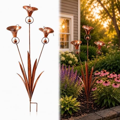 Handmade Flamed Copper Calla Lily Garden Stake with Bell Rustic Iron Flower Sculpture with Copper-Tone Finish for Yard Patio & Outdoor Decor Wind Chime Accent Gift for Garden Lovers (1pcs)