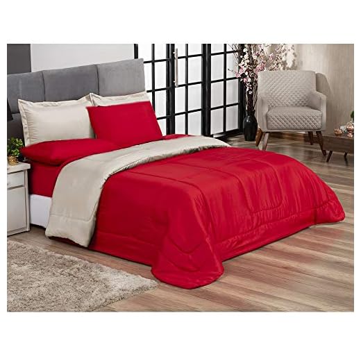 Kit Edredom Casal Queen Jogo de Lençol 06 peças Aconchego Dupla Face Vermelho e Bege Casa Dona