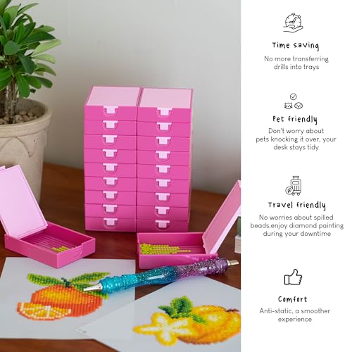 Image of CATEARED 2-in-1 Diamond Art Storage Containers,Anti-static Diamond Art Trays With Lids Diamond Art Accessories, 2-in-1 Storage, Bead Storage & Line-Up, Box Package (Pink, 20 piece Tray Kit)
