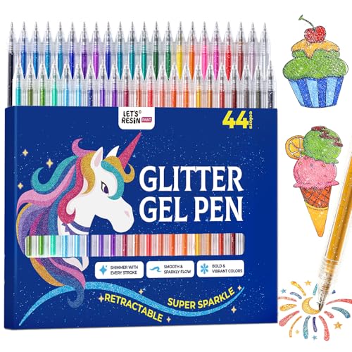 LET'S RESIN PAINT Glitter Gel Pens,44 Metallic Sparkly Colors Glitter Pens，Quick-Drying Gel Ink Pen,Retractable Colored Gel Pen for Adult Coloring Books，Valentine’s Day Gifts,Easter Basket Stuffers