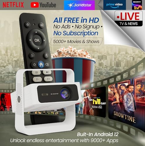 Image of E Gate Atom 4X Air, The Complete Projector with 1080P & 4K Support | Auto Focus + Auto Keystone + Obstacle Avoid | 400 ISO, Android 12 with Netflix, Prime, Live TV | WiFi-BT-HDMI ARC-720p native EGATE
