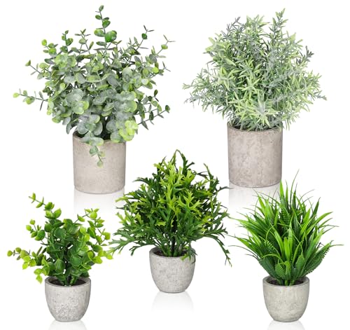 Fake Plants,5Pack Mini Potted Artificial Plant Small Faux Plant Indoor Outdoor for Home Decor,Eucalyptus Greenery Plastic Fake Green Grass Plants for Office Bathroom Shelf Farmhouse Coffee Table Decor