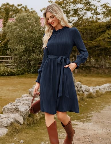 GRACE KARIN Fall Dresses for Women 2025 Casual Long Sleeve Crew Neck Ribbed Belted Dresses with Pocket2