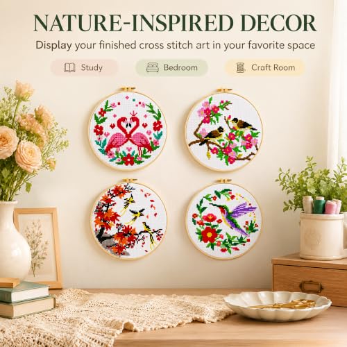 Image of Zhenqing 4 Bird Circle Cross Stitch Kit 11CT Pre-Printed Floral Bird Embroidery Kit with 20cm Hoop, Flamingo Hummingbird Songbirds DIY Beginner Craft Home Wall Decor Gift