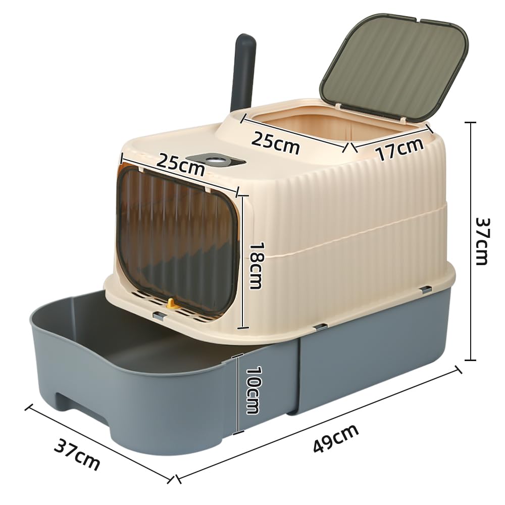 Bac à Litière pour Chat, Fermé, Maison de Toilette, Plateau Amovible, Pelle, pour Grand Chat, Capacité de Charge 15 kg, Anti-Traces, Anti-fuites, 37 x 49 x 37 cm (Gris)