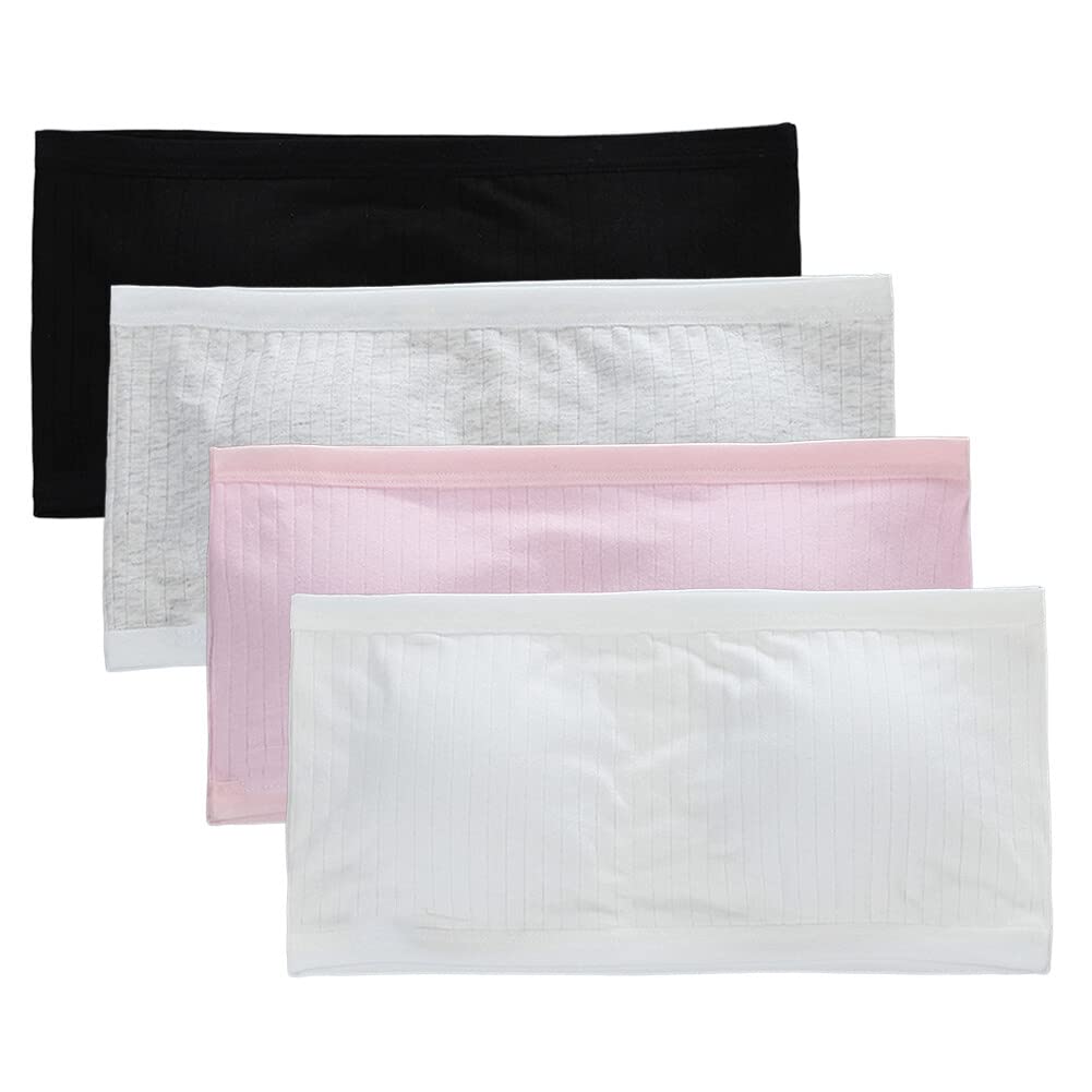 4 Pack Padded Bandeau for Girls - Breathable Cotton Bra Strapless Bralette Wireless Seamless Crop Tops with Removable Pads