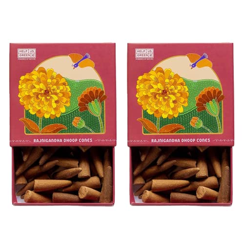 Image of HelpUsGreen Natural Dhoop Cones Rajnigandha (80 Cones Pack of 2) | Charcoal Free Organic Incense Cones | Low Smoke Long Lasting Incense for Pooja Meditation Home Aromatheraphy | Free Ceramic Holder
