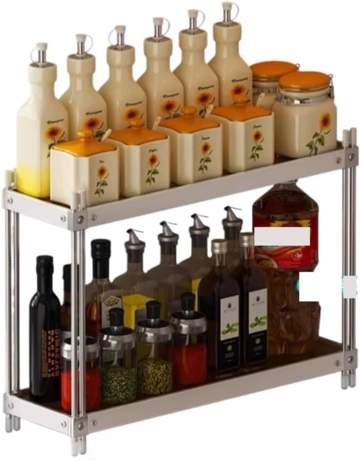 Kitchen Rack 2-Tiers Spice Rack Organizer Shelf Stainless Steel Kitchen Storage Countertop Spice Organizer(Black,40cm)
