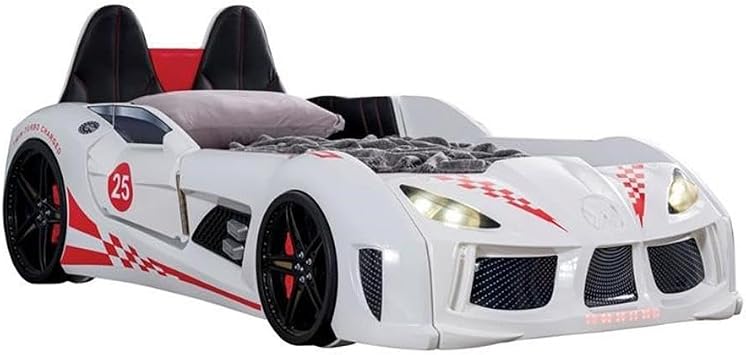 Pemberly Row Plastic Twin Race Car Bed, White Finish with LED Wheel and Headlight Night Lights, Faux Leather Upholstered, 91.75" L x 49.25" W x 34.5" H, Novelty Style Kids Bed with Magnetic Doors