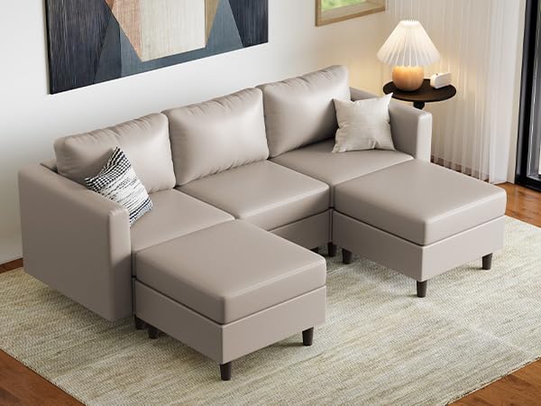 Image of ABCASA Faux Leather U Shaped Modular Sectional Sofa 91.5 inch, 5 Seater Couch with Movable Ottoman Deep Seat and Storage Seat with Removable Cover for Living Room, Apartment - Whitesand