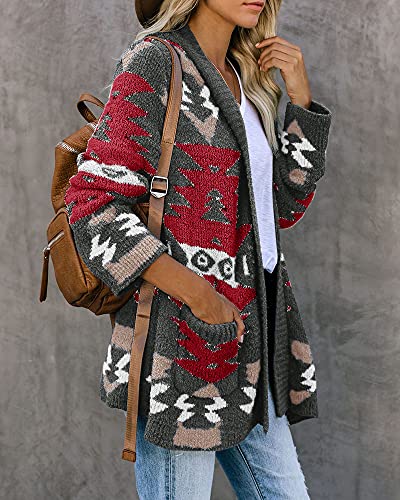 Image of FERBIA Women Boho Cardigan Aztec Open Front Loose Slouchy Sweaters Tribal Long Sleeve Knitted Christmas Jacket Coat