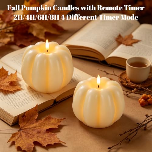 Image of Wondise Fall Decorations Real Wax Pumpkin Candles with Remote Timer | Off-white Battery Operated LED Candles Fall Decor for Thanksgiving Gifts, Autumn Farmhouse Harvest Decor for Home Decoration