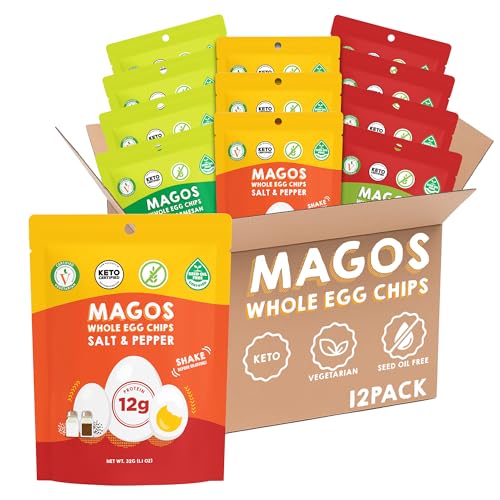 Magos Egg Chips Variety Pack – Healthy Snack, High Protein Low Carb, Light Cracker-Style Crunch, 1.1 oz Bags – Includes Garlic Parmesan, Salt & Pepper, Huevos Rancheros – Keto, Vegetarian & Carnivore Friendly, No Gluten Ingredients (12-Pack)