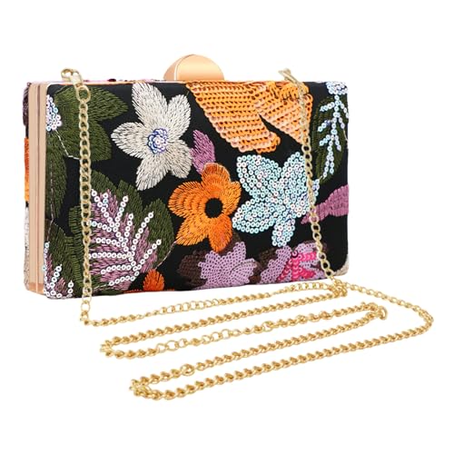 Embroidered Sequin Beaded Floral Convertible Clutch Crossbody Bag for Women | Slim Evening Party Handbag | Wedding, Prom, Formal Events Orange