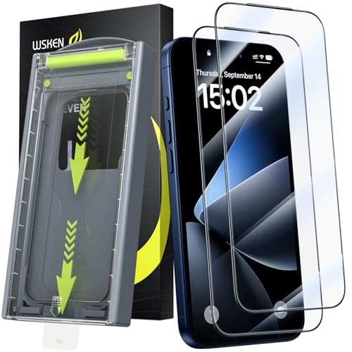 WSKEN para iPhone 17 Pro Max de cristal blindado – [Eliminación automática del polvo] 9H + cristal de seguridad militar irrompible, protector de pantalla anti-huellas, anti-burbujas, casi