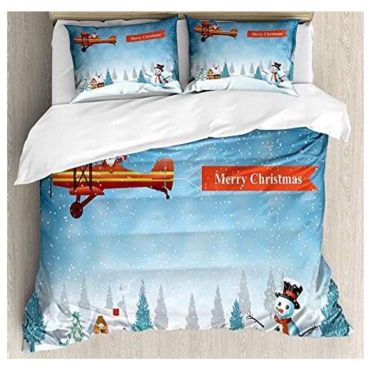 Jul påslakan Set Santa i ett flygplan som flyger över skogen med snögubbe Jolly Season firande dekorativa 2-delade sängkläder Set med 1 kuddar Shams ，135x200cm， Blue Orange