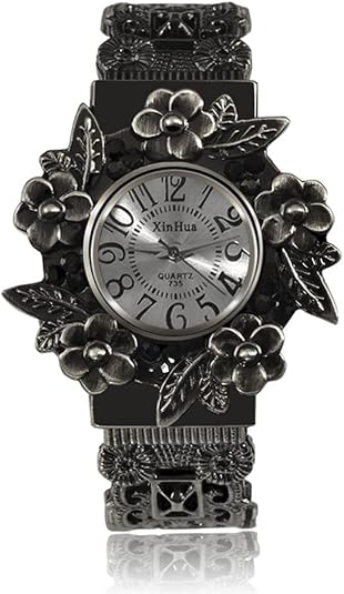 Women Vintage Cuff Bangle Bracelet Watch Carved Flowers Analog Quartz Wrist Watch