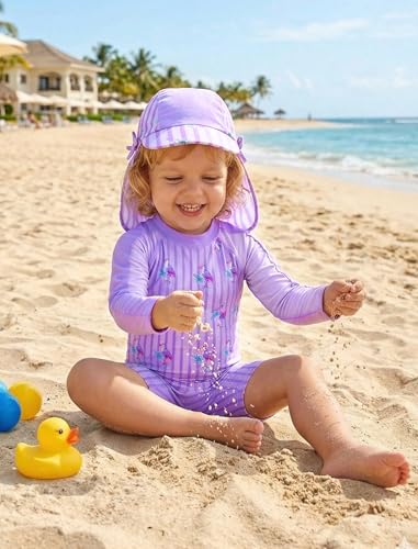 Image of ODASDO Infant Baby Girls Long Sleeve One Piece Rash Guard Swimsuit 3-24M | UPF 50+ Sun Protection | Back Zipper | Quick Drying | Full Head Neck Body Coverage | For Beach Vacation and Pool Party