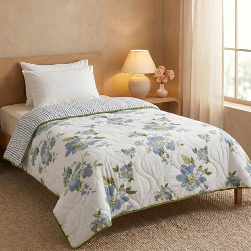 Image of HUESLAND Reversible AC Quilt Blanket Single Bed | 100% Cotton Quilted Shell, Super Soft 120 GSM Microfibre Wadding | Lightweight Comforter for All Weather Use | Floral Fusion - 55 x 88 inches