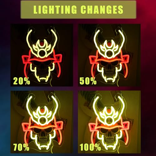 Image of Sumurai skull Neon Sign For Wall Decor, Colorful UV Printed Neon Light with Retro Design, LED Artwork for Bar, Bedroom, Game Room, Party Decoration Holiday Birthday Gifts