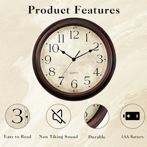 Image of KECYET 14 Inch Wall Clocks Battery Operated Silent Non-Ticking Analog Wall Clock Vintage Retro Rustic Style Decorative for Living Room Kitchen Home Office(Bronze)