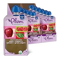 Plum Organics Stage 2 Organic Baby Food - Apple, Raspberry, Spinach, and Greek Yogurt - 3.5 oz Pouch (Pack of 12) - Organic Fruit and Vegetable Baby Food Pouch