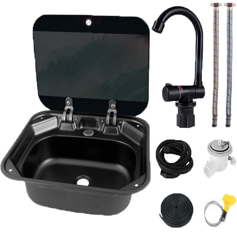 Fregadero para caravana de acero inoxidable con grifo abatible y encimera extra de vidrio