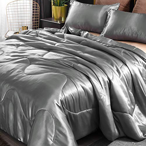 Holawakaka Luxurious Solid Satin Silk Like Comforter Set Ultra Soft Silky Quilt Breathable Bedding Bed-In-A-Bag Queen Size (Grey) #TOP2
