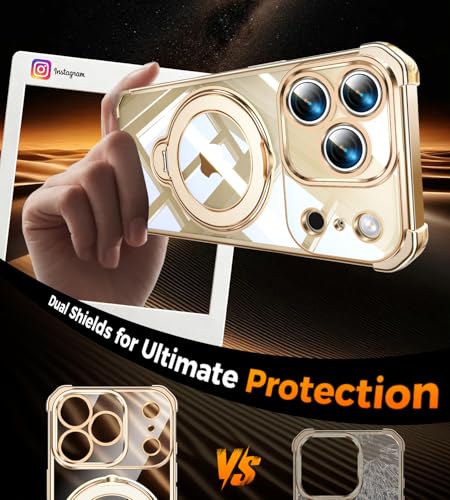 Image of Soft Case for iPhone 17 Pro with 360 Rotating Magnetic Stand, Compatible with Mag-Safe, 4X MIL-Drop Protection, Lightweight Glossy Anti-Yellowing Clear Back Phone Cover for iPhone 17 Pro 6.3 inch, Gold