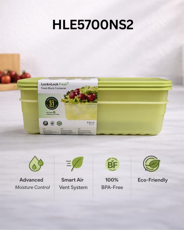 Image of LocknLock Fresh Block 2.2L Food Storage Containers (Pack of 2) | Airtight Fridge Storage Box with Air Vent System | BPA-Free Vegetable, Fruit & Grocery Storage Container